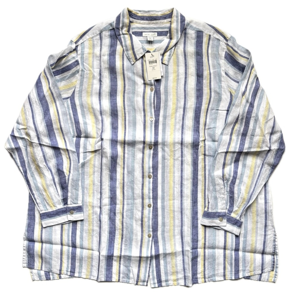 J Jill Love Linen Blue White Yellow Stripe 100% Linen Button Down Long Sleeve 3X - Picture 3 of 10